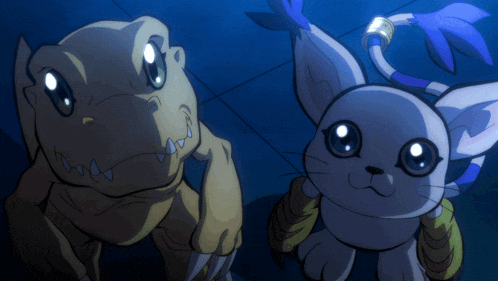 a cartoon of a cat and a dinosaur looking up