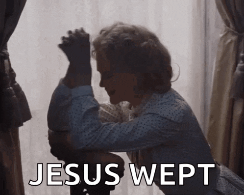 a woman praying with the words jesus wept written below her