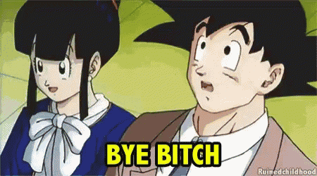 a man and a woman are standing next to each other and the words bye bitch are visible
