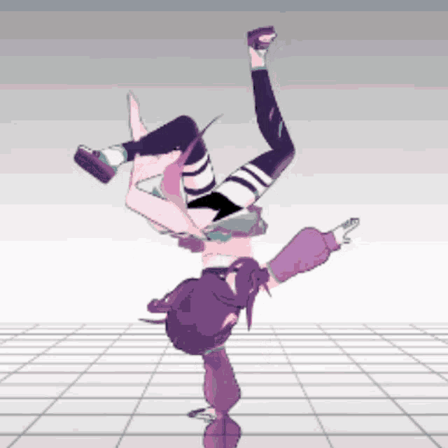 a cartoon character is doing a handstand on a grid background