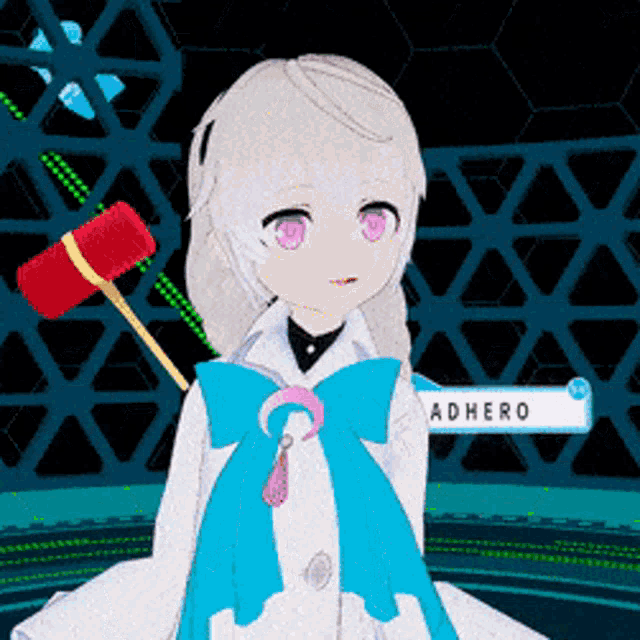 a girl in a white coat with a blue bow has the name adhero on her arm
