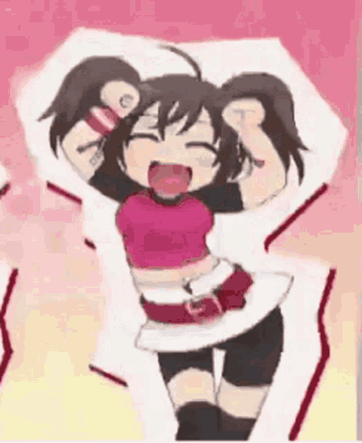 a girl with pigtails is dancing with her hands in the air and making a funny face .