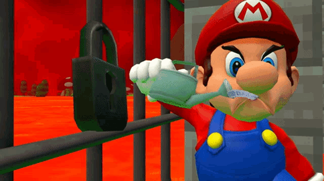 a cartoon of mario brushing his teeth behind a fence