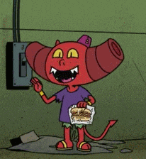 a cartoon character is holding a bag of food and smiling