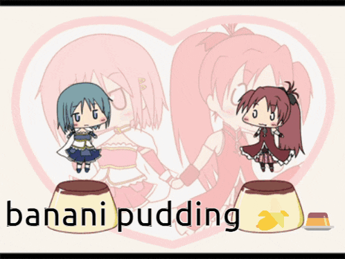 a cartoon of two girls holding hands next to a heart that says banana pudding