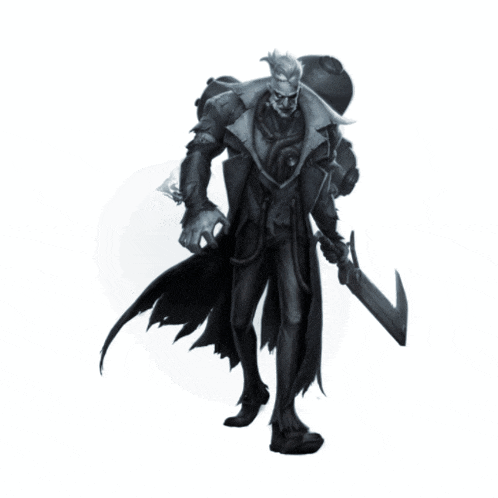 a black and white drawing of a man in a trench coat holding a large sword