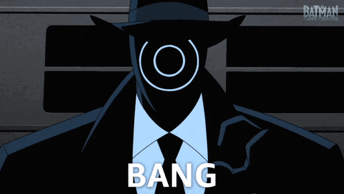 a man in a suit and hat with the word bang on the bottom