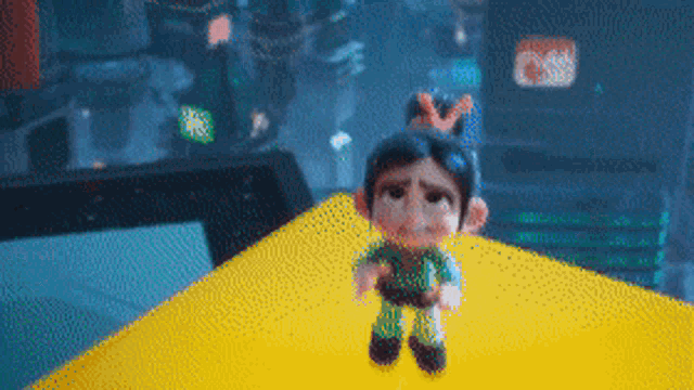 a pixel art of a cartoon character standing on a yellow surface