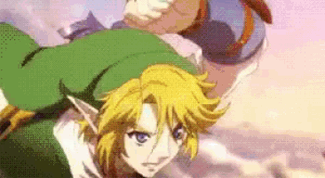 a cartoon character with a green shirt and yellow hair is flying in the air .