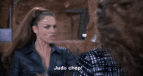 two women are having an argument and one of them is saying " judo chop "
