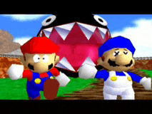two mario brothers are standing next to each other in front of a giant shark