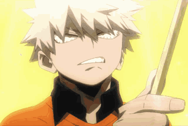 a close up of a anime character holding a stick