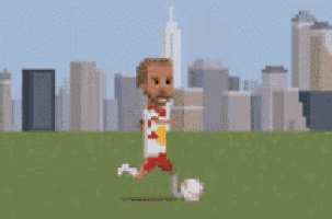 a pixel art illustration of a soccer player kicking a ball