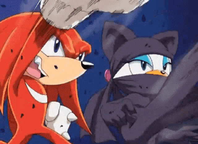 a couple of cartoon characters standing next to each other one of which is wearing a mask
