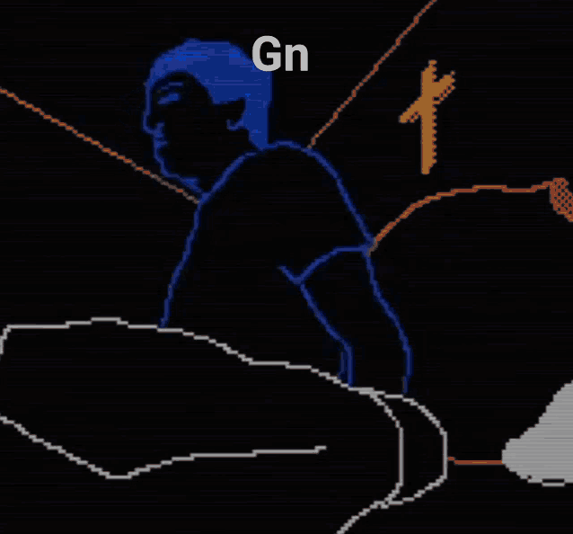 a pixel art drawing of a man laying on a bed with a cross in the background .