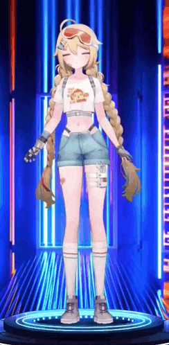 a girl in a crop top and shorts is standing in front of a neon sign