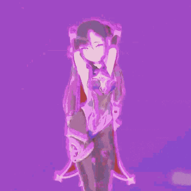 a drawing of a girl with purple hair and a purple background