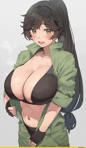 a girl with very large breasts is wearing a green shirt and black bra
