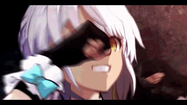 a close up of a girl with white hair