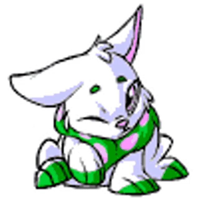 a cartoon drawing of a white dog wearing a green scarf .