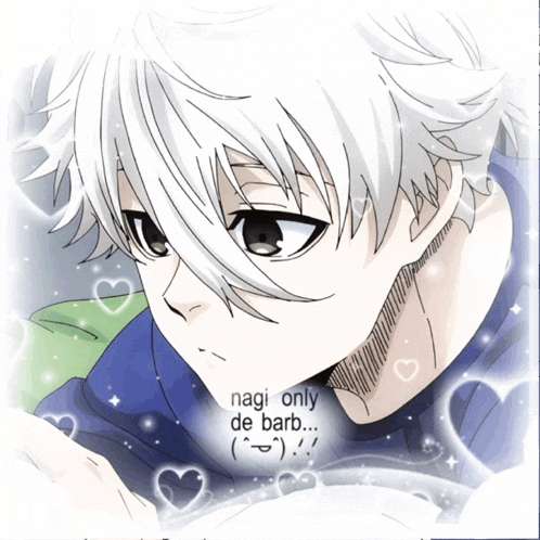 a drawing of a boy with white hair and the words nagi only de barb on the bottom