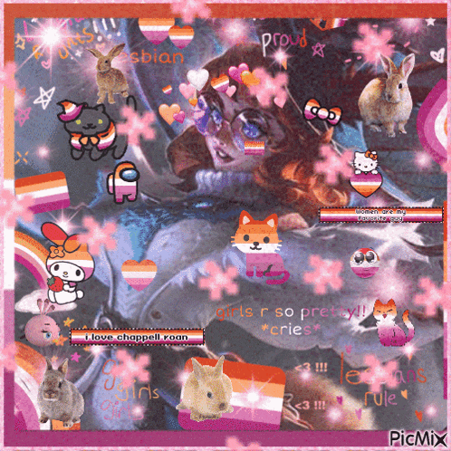 a picture of a girl surrounded by pink flowers and rabbits with the caption proud