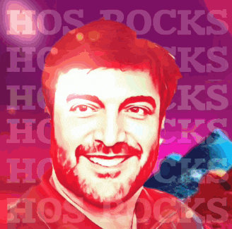 a man with a beard is smiling in front of a purple background that says hog rocks