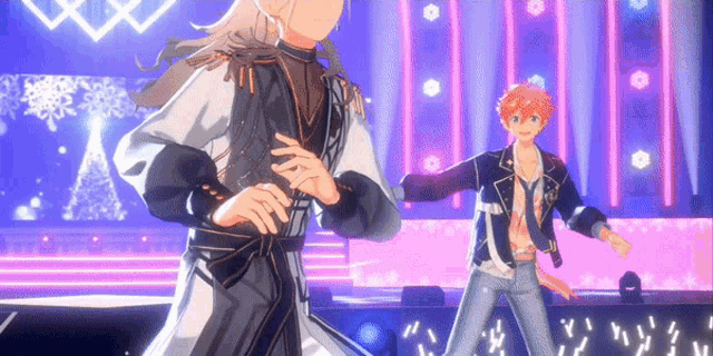 a couple of anime characters are dancing on a stage