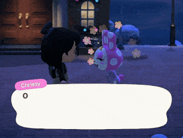 a video game character named chrissy is talking to a pink and white bunny