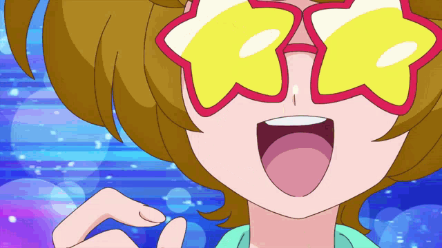 a cartoon girl wearing a pair of star shaped glasses