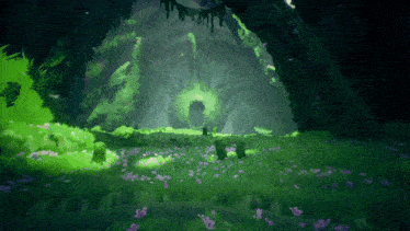 a painting of a lush green forest with purple flowers in the foreground