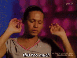 a woman says this too much with her hands up in the air