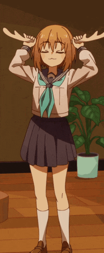 a girl in a school uniform has her eyes closed and her hands on her ears