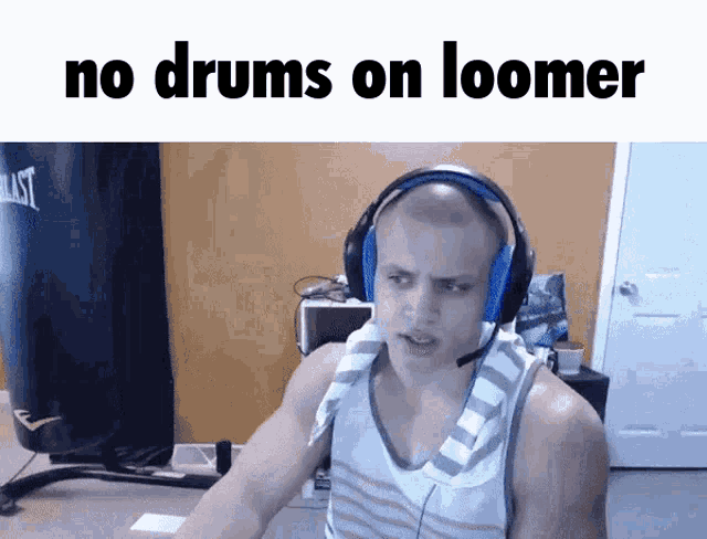 a man wearing headphones with the words no drums on loomer below him