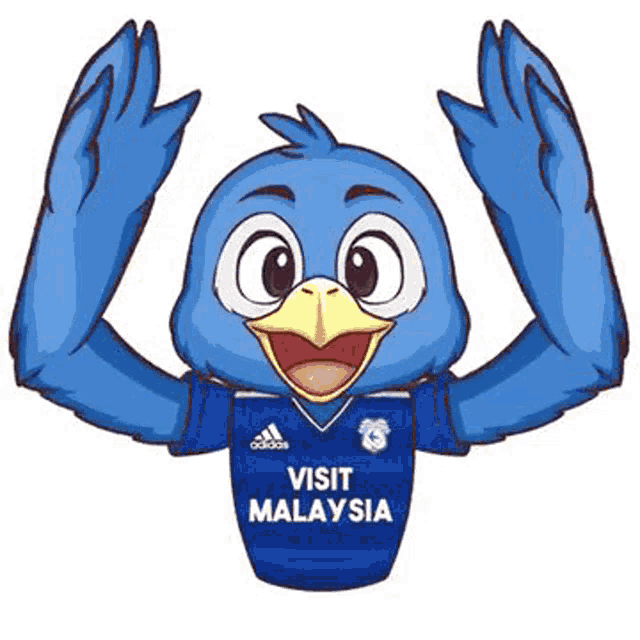a blue bird is wearing a blue shirt that says visit malaysia on it .