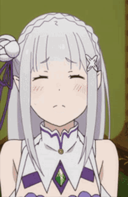 a girl with white hair and a purple shirt is making a funny face with her mouth open .