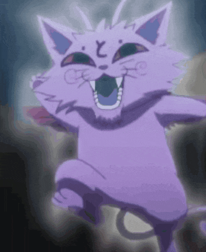 a purple cat is jumping in the air with its mouth open and its eyes closed .