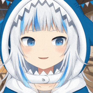 a shark girl with white hair and blue eyes