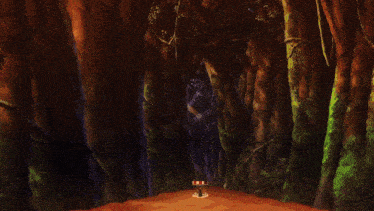 a painting of a forest with trees and a red sign that says ' i love you ' on it