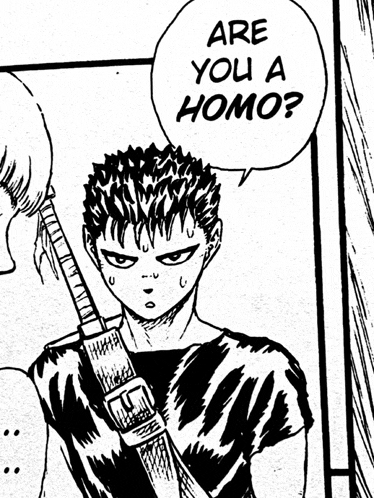 a black and white drawing of a person with a speech bubble that says are you a homo