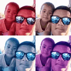 a collage of four pictures of a man and a child wearing sunglasses