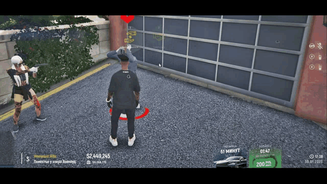 a video game screen shows a man standing in front of a garage