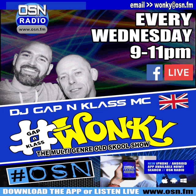 an advertisement for osn radio shows two men and says " every wednesday 9-11pm "