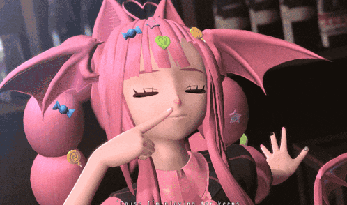 a cartoon character with pink hair and candy in her hair says " laugh i 'm playing for teens "