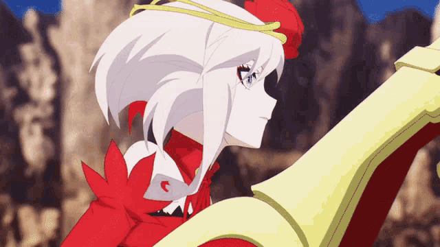 a girl with white hair is holding a sword