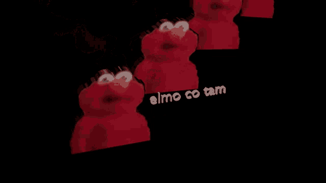 a group of elmo 's are standing in a dark room with the words elmo co tam written on the bottom