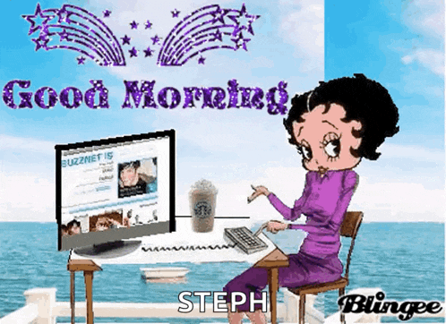 a cartoon of betty boop sitting at a desk with a computer and a starbucks cup