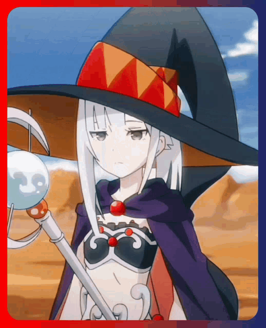 a girl with white hair and a witch hat holds a wand