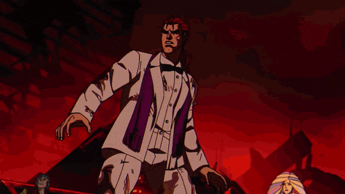 a man with red hair is wearing a white tuxedo and a bow tie