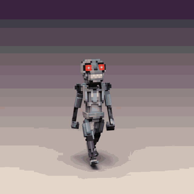 a pixelated robot with red eyes is walking on a purple background
